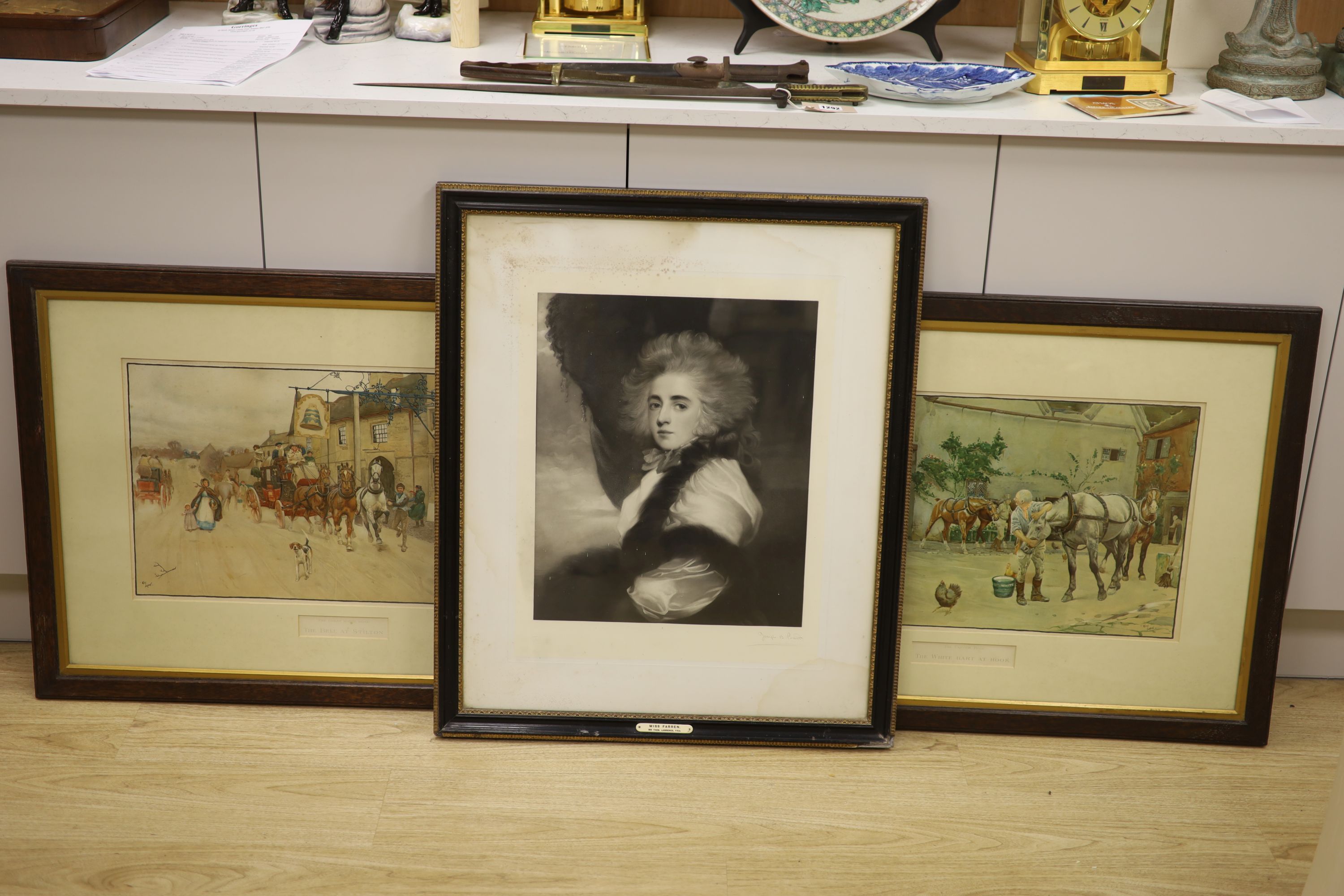Cecil Aldin, pair of chromolithographs, The Bell at Stilton and The White Hart at Hook, 36 x 60cm and a mezzotint of Miss Farren after Thomas Lawrence